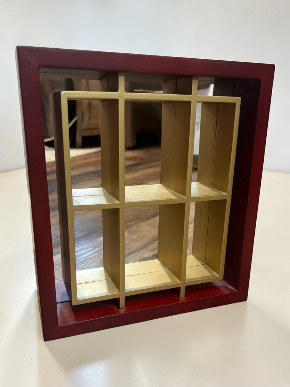 Wooden Display Shelf Shadow Box w/Glass Mirror Back Cabinet Trinket Shelves EUC